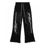 Black Hellstar Hstar tracksuit pants with white airbrush graphic design, drawstring waist, and vintage washed effect.