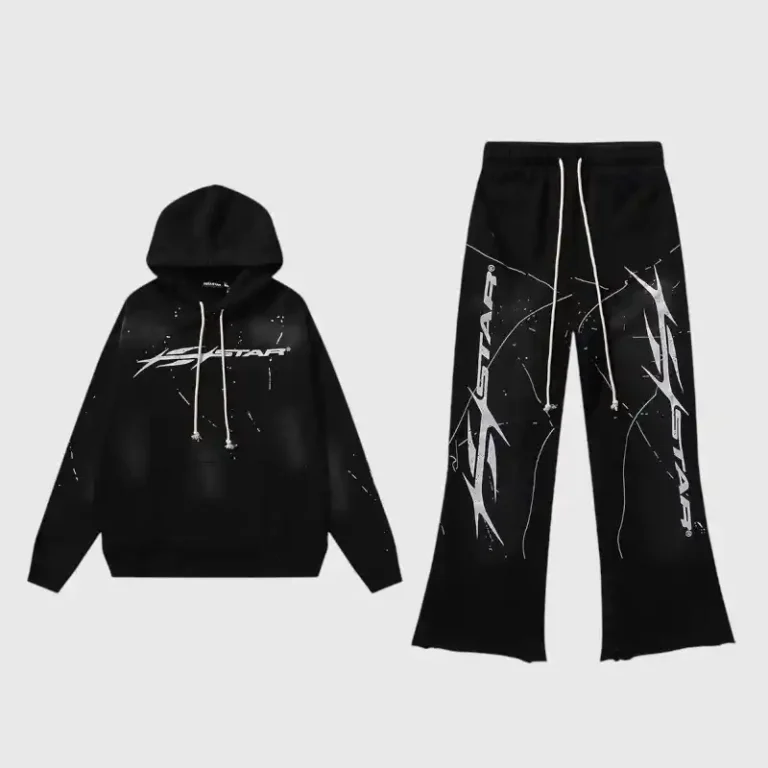 Hellstar Hstar black tracksuit featuring a hooded sweatshirt and matching sweatpants with white graphic logo design.
