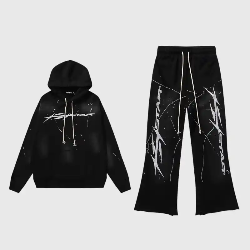 Hellstar Hstar Black Tracksuit Set Hellstar Hstar black tracksuit featuring a hooded sweatshirt and matching sweatpants with white graphic logo design.