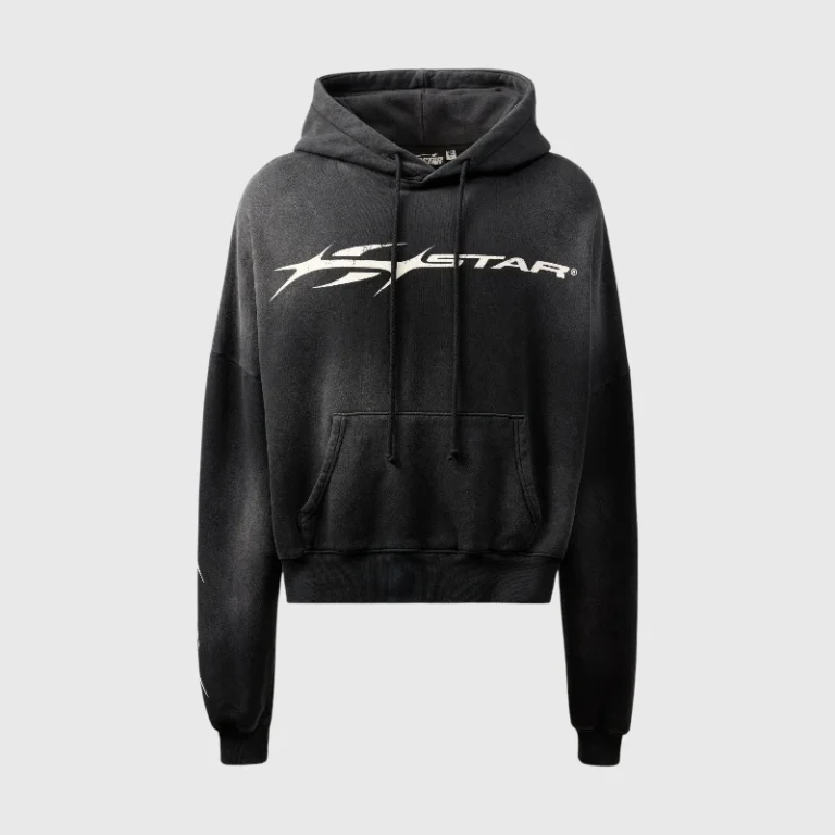 Front view of the Hellstar Hstar vintage washed black hoodie featuring a white iconic graphic and comfortable fleece.
