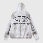Back view of the white Hellstar HStar Records hoodie featuring a vintage washed finish and black graphic screen print.