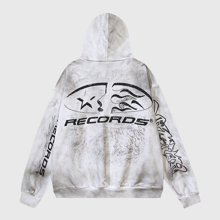 Back view of the white Hellstar HStar Records hoodie featuring a vintage washed finish and black graphic screen print.