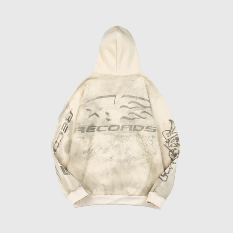 Back view of the cream Hellstar HStar Records hoodie featuring a vintage-style graphic print and premium cotton fabric.
