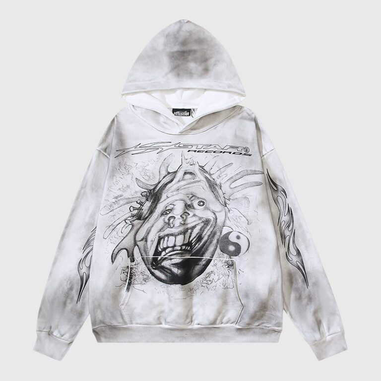 Front view of the grey tie-dye Hellstar HStar Records graphic hoodie with custom character art and sleeve flame prints