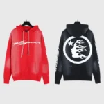 Front and back view of the Hellstar Hstar red and black graphic hoodie sweatshirt with vintage airbrush effect.