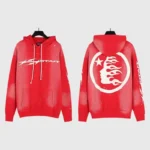 Front and back view of a vibrant red Hellstar Hstar tracksuit hoodie featuring signature white graphic branding details.