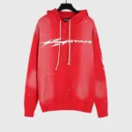 Premium red Hellstar Hstar tracksuit hoodie featuring an edgy graphic logo and a vintage washed design style.