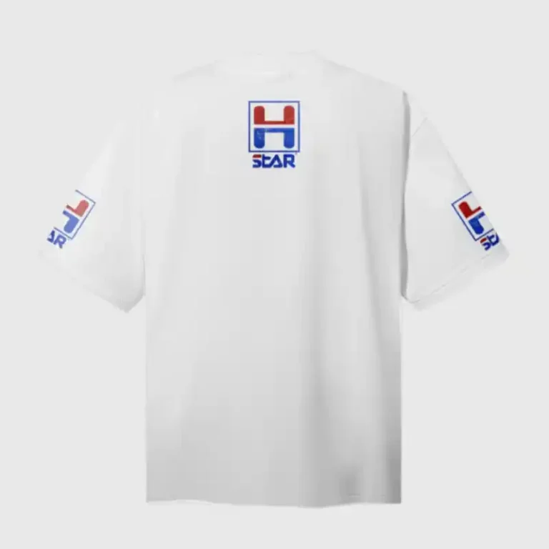 Back view of the Hellstar HStar Retro white T-shirt featuring a unique graphic screen print on the back and sleeves.