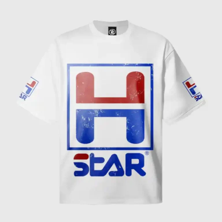 Front view of the white Hellstar HStar Retro T-shirt featuring a vintage distressed red and blue graphic design.