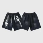 Black Hellstar Hstar shorts featuring a vintage washed look, elastic drawstring waistband, and iconic white graphic prints.
