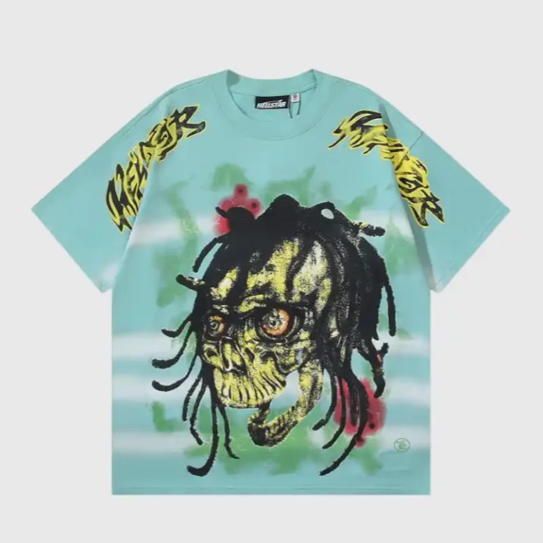 Light blue Hellstar Human Skeleton T-Shirt featuring a graphic screen print, crewneck, and premium cotton construction.