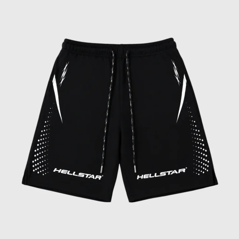 Black Hellstar Hype Flight athletic shorts with white graphic screen print and drawstring closure design.