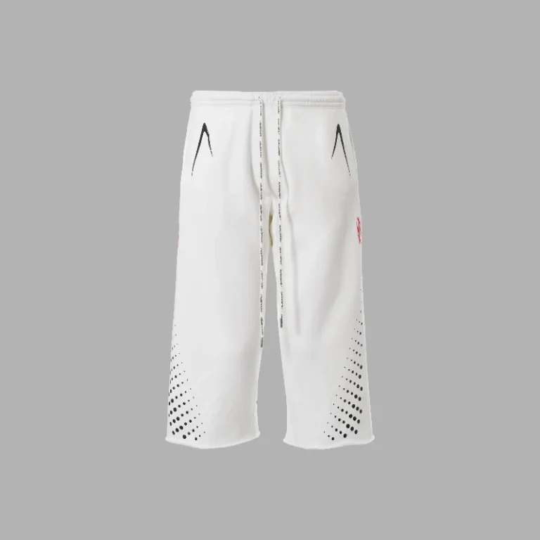 Hellstar Hype Flight 3/4 shorts in white featuring a technical silhouette, drawstring waist, and graphic dot patterns.