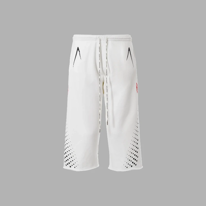 Hellstar Hype Flight White 3 4 Shorts Hellstar Hype Flight 3/4 shorts in white featuring a technical silhouette, drawstring waist, and graphic dot patterns.