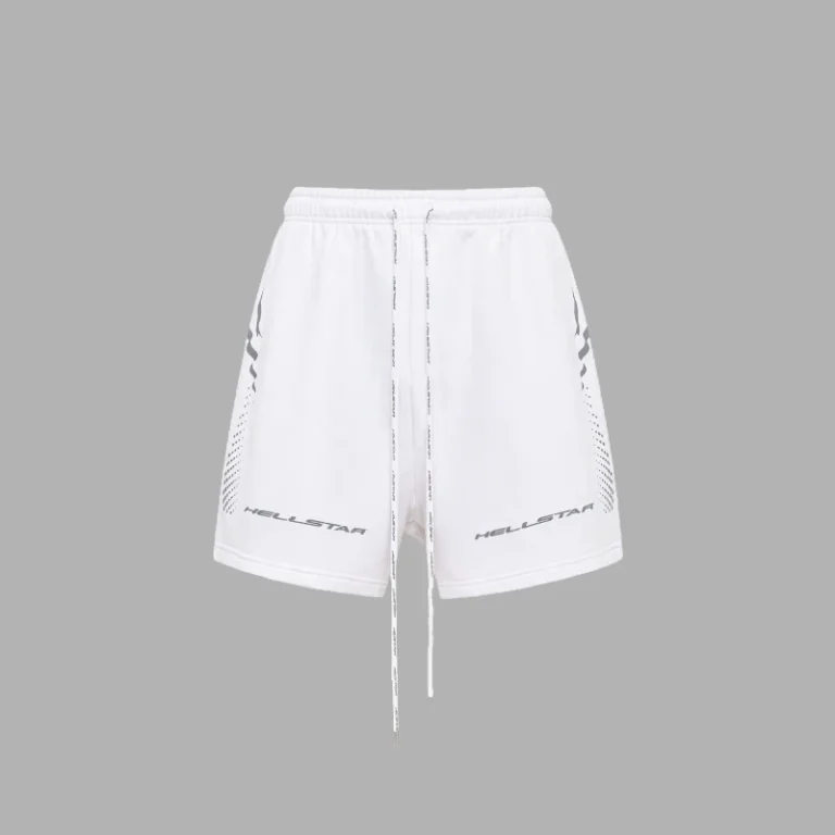 Premium Hellstar Hype Flight sweatshorts in white featuring signature branding, drawstring waist, and cotton fleece.