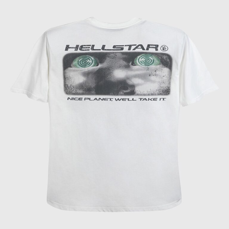 Hellstar Attacks Hypnotic Vision white tee back view with green spiral eyes graphic and "Nice planet; we'll take it" text