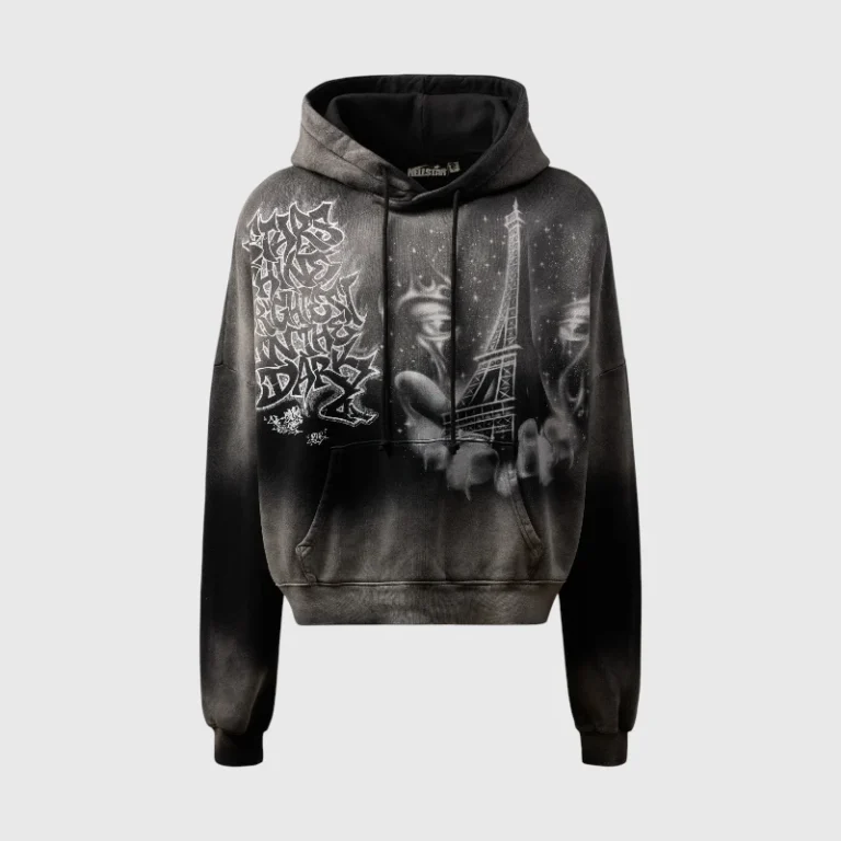Front view of the black Hellstar I Heart Paris hoodie featuring a vintage washed finish and distressed graphic print.