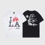 Hellstar I Love LA graphic t-shirt featuring front and back prints with a flaming heart and flame-haired profile design.