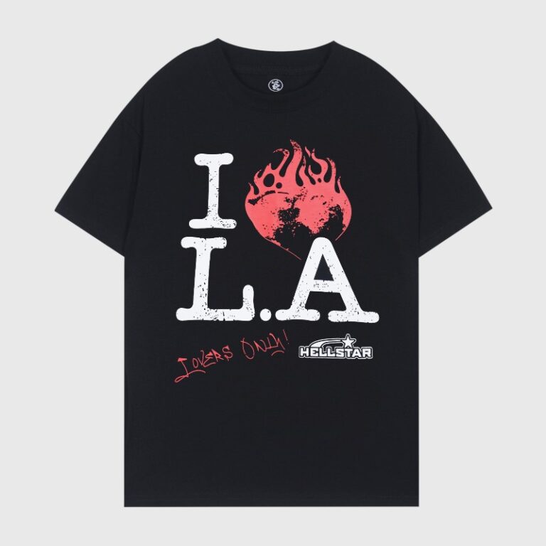 Hellstar I Love LA T-shirt in black featuring a burning red heart graphic and vintage distressed lettering.