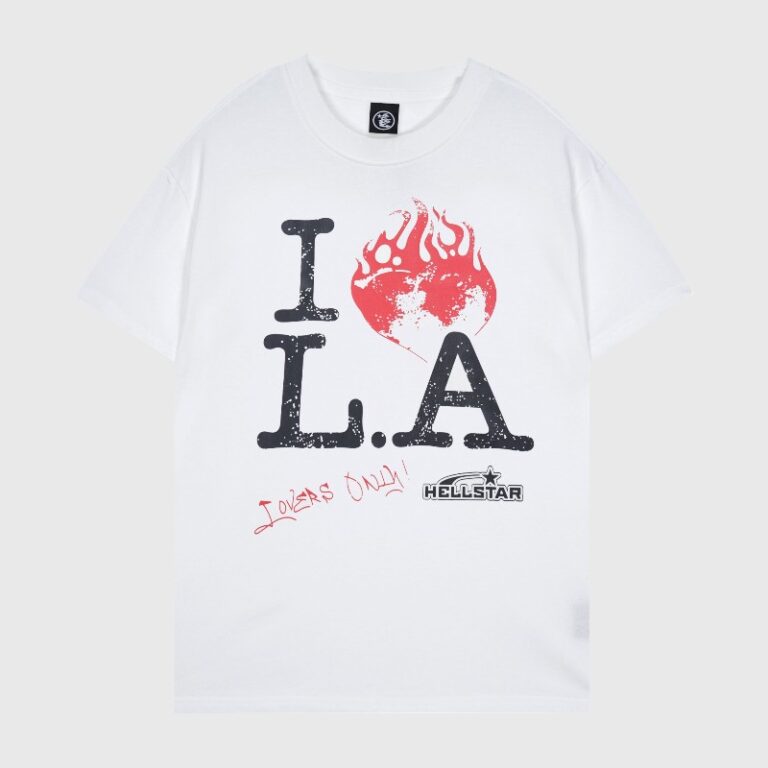 White Hellstar I Love LA t-shirt featuring a distressed burning heart graphic and Lovers Only text on the front.