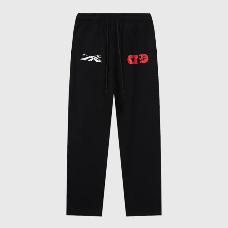 Hellstar If You Don't Like Us Beat Us Black Sweatpants featuring a drawstring waist and bold graphic screen prints.