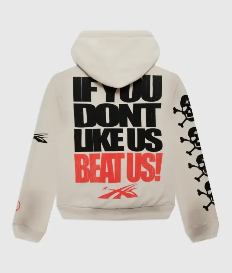 Back view of the Hellstar If You Don't Like Us Beat Us cream hoodie with skull motifs and bold rear graphic lettering.