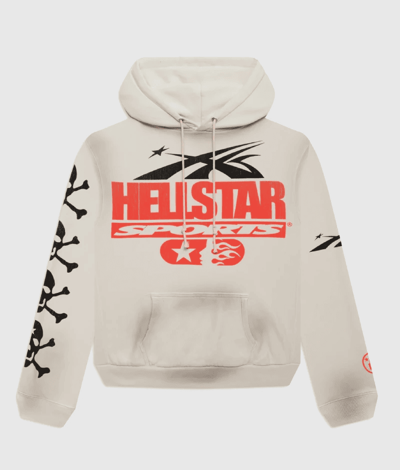 Cream hoodie with red Hellstar Sports logo on the chest and black skull graphics along the sleeve