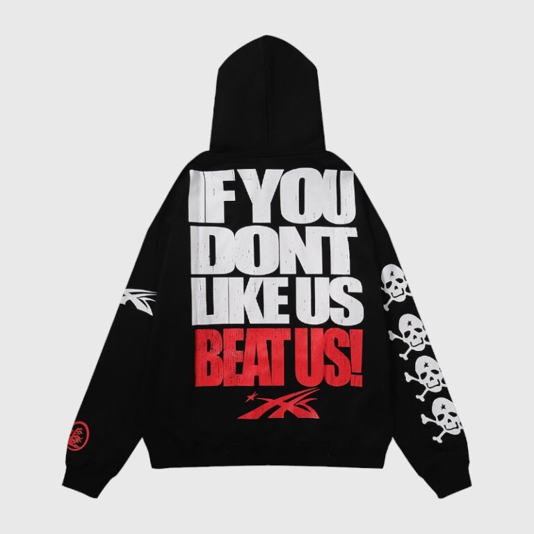 Back view of the black Hellstar If You Dont Like Us Beat Us hoodie with white and red graphic text and skull print