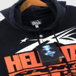 Hellstar If You Don't Like Us Beat Us hoodie featuring branded product tags and premium black cotton fabric details.