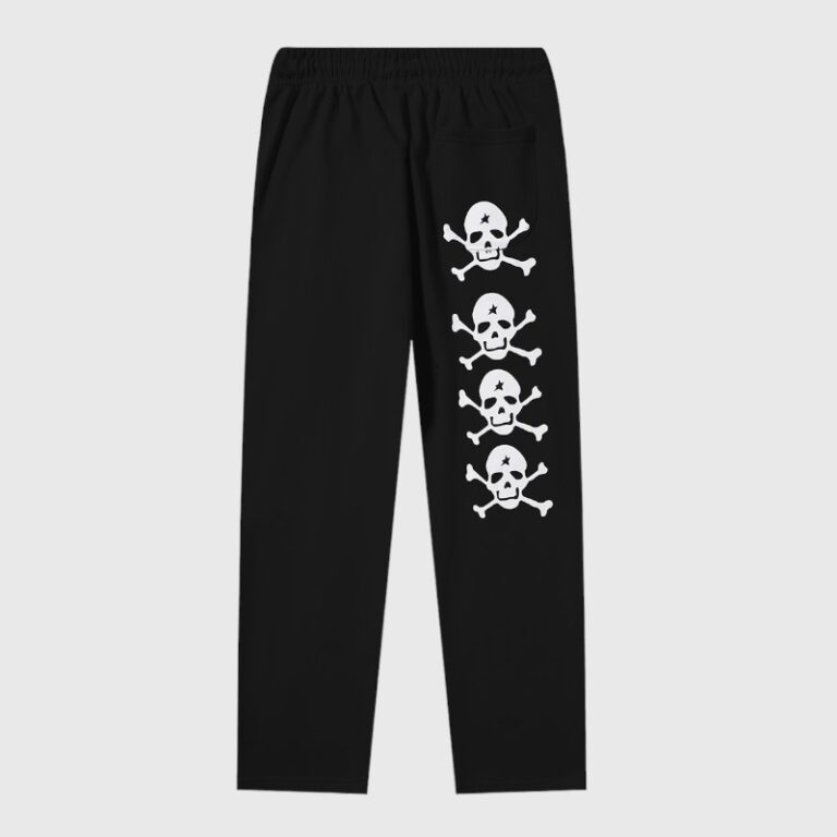 Black Hellstar sweatpants featuring white graphic skull prints from the If You Don’t Like Us Beat Us streetwear collection.