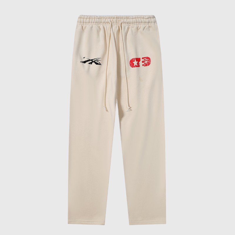 Hellstar If You Dont Like Us Beat Us Sweatpant Front View Hellstar If You Don’t Like Us Beat Us beige vintage washed heavyweight fleece sweatpants with graphic prints front view.