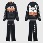 Black Hellstar If You Dont Like Us Beat Us tracksuit set including an oversized hoodie and matching graphic sweatpants.