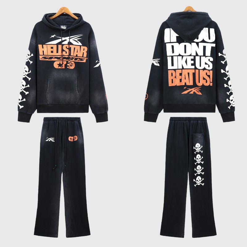 Hellstar If You Dont Like Us Beat Us Tracksuit Set Black Hellstar If You Dont Like Us Beat Us tracksuit set including an oversized hoodie and matching graphic sweatpants.