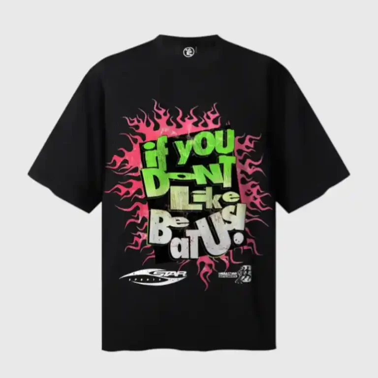 Black Hellstar T-shirt featuring a bold green and pink If You Dont Like Us graphic print on the front.