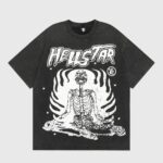 Hellstar Inner Peace washed black tee with white meditating skeleton graphic and distressed Hellstar logo, vintage streetwear