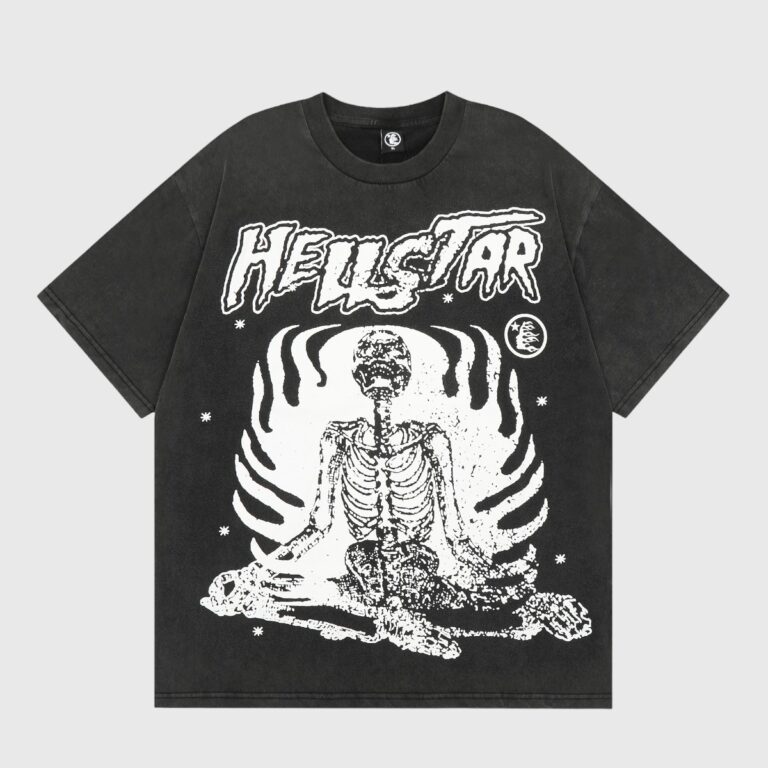 Hellstar Inner Peace washed black tee with white meditating skeleton graphic and distressed Hellstar logo, vintage streetwear