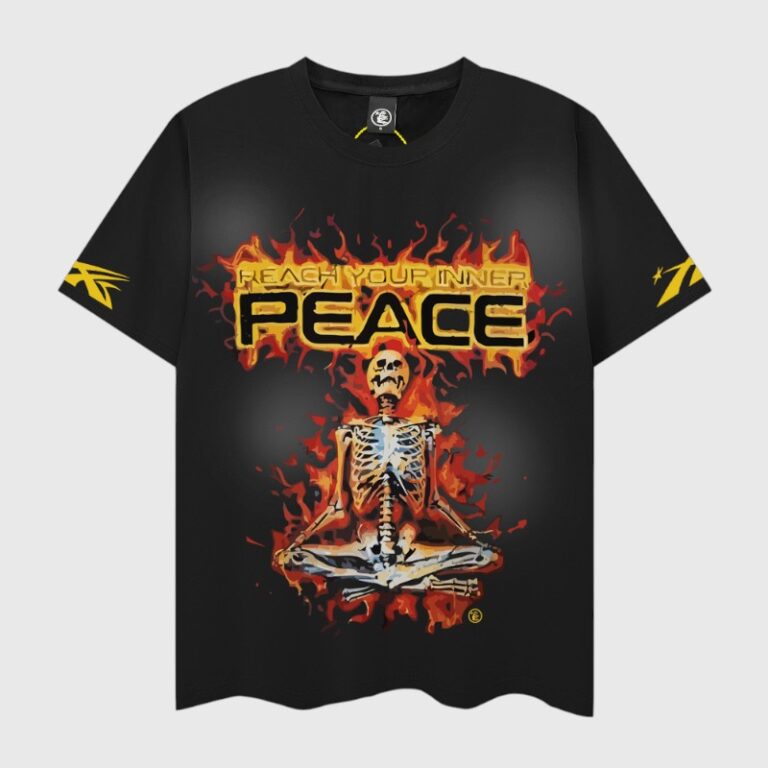 Hellstar Inner Peace black T-shirt featuring a flaming skeleton meditating graphic in a premium 100% cotton relaxed fit.