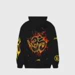 Hellstar Inner Peace Fire black hoodie featuring a vibrant graphic design on the back with orange and yellow flames.