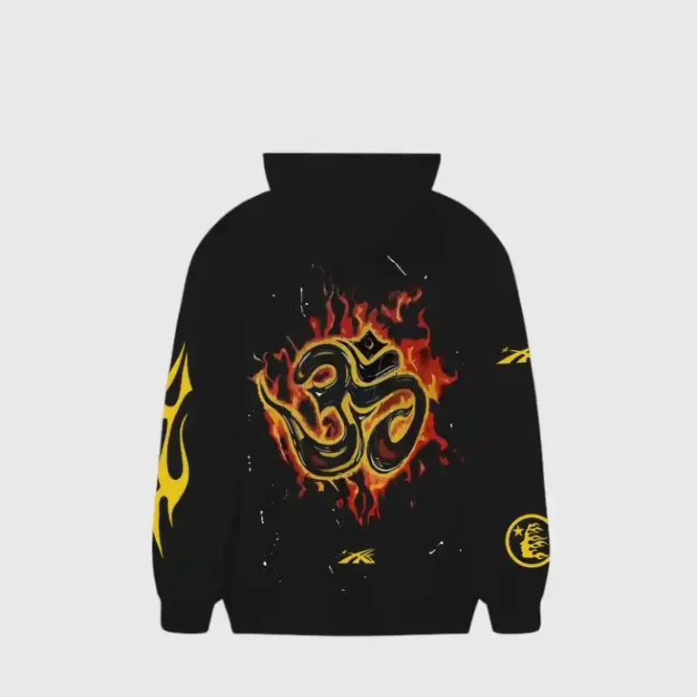 Hellstar Inner Peace Fire black hoodie featuring a vibrant graphic design on the back with orange and yellow flames.