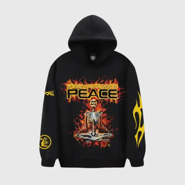 Black Hellstar Inner Peace Fire hoodie with a meditating skeleton graphic on the front in vibrant orange flames.