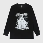 Hellstar Inner Peace black long sleeve graphic tee featuring a skeleton in a meditative pose on the front chest.