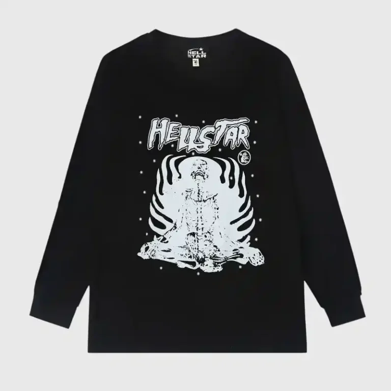 Hellstar Inner Peace black long sleeve graphic tee featuring a skeleton in a meditative pose on the front chest.
