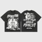 Hellstar Inner Peace washed black tee showing front skeleton meditation print and back "Reach Your Inner Peace" graphic