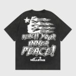 Hellstar Inner Peace washed black cotton tee back showing white "Reach Your Inner Peace!" flame face graphic and logo