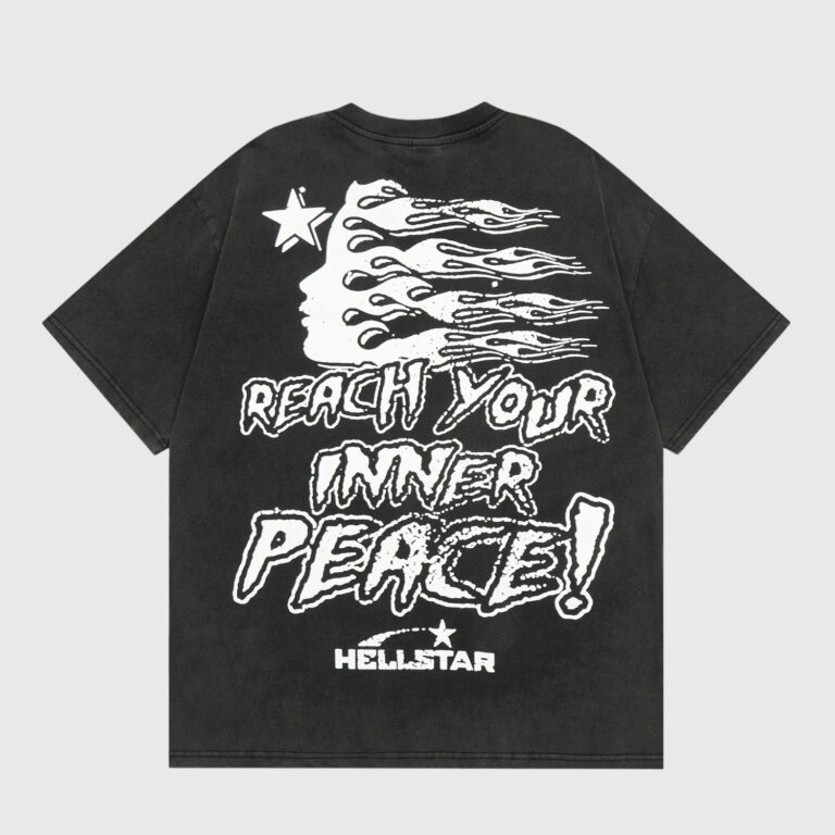 Hellstar Inner Peace washed black cotton tee back showing white "Reach Your Inner Peace!" flame face graphic and logo