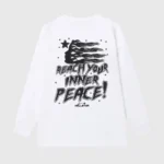 White long sleeve Hellstar Inner Peace graphic tee featuring a unique distressed design on high-quality soft cotton.
