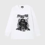 White Hellstar Inner Peace long sleeve graphic tee with a screen-printed skeleton in a meditative pose.