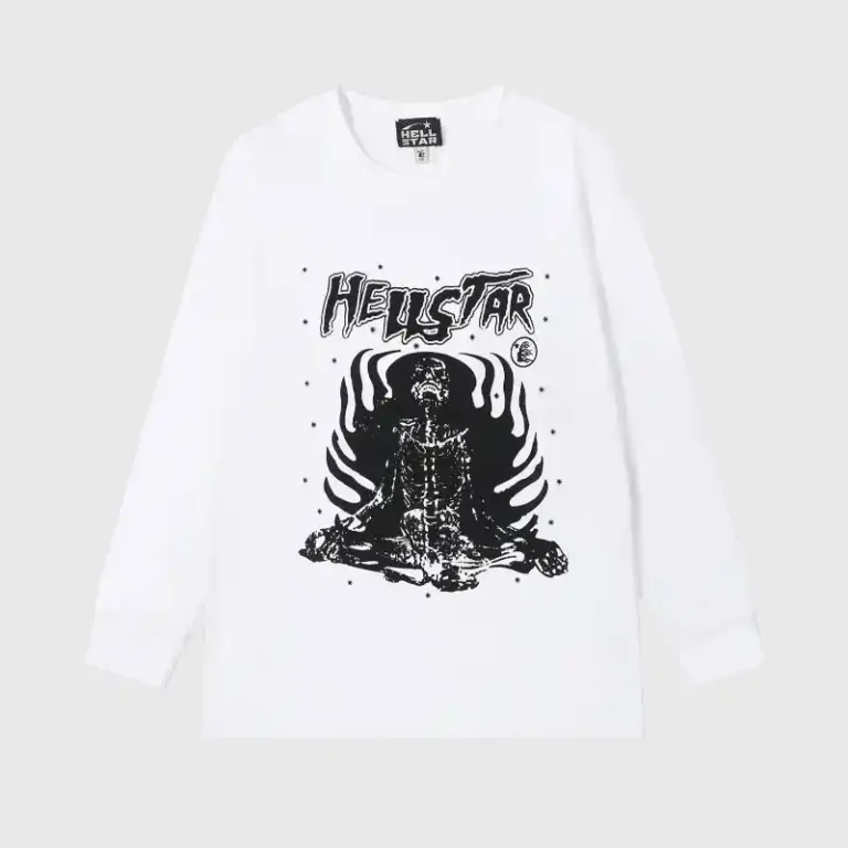 White Hellstar Inner Peace long sleeve graphic tee with a screen-printed skeleton in a meditative pose.