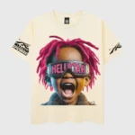 Hellstar INS Hip Hop Vintage T-Shirt in beige featuring a bold retro graphic of a child with pink hair and goggles.