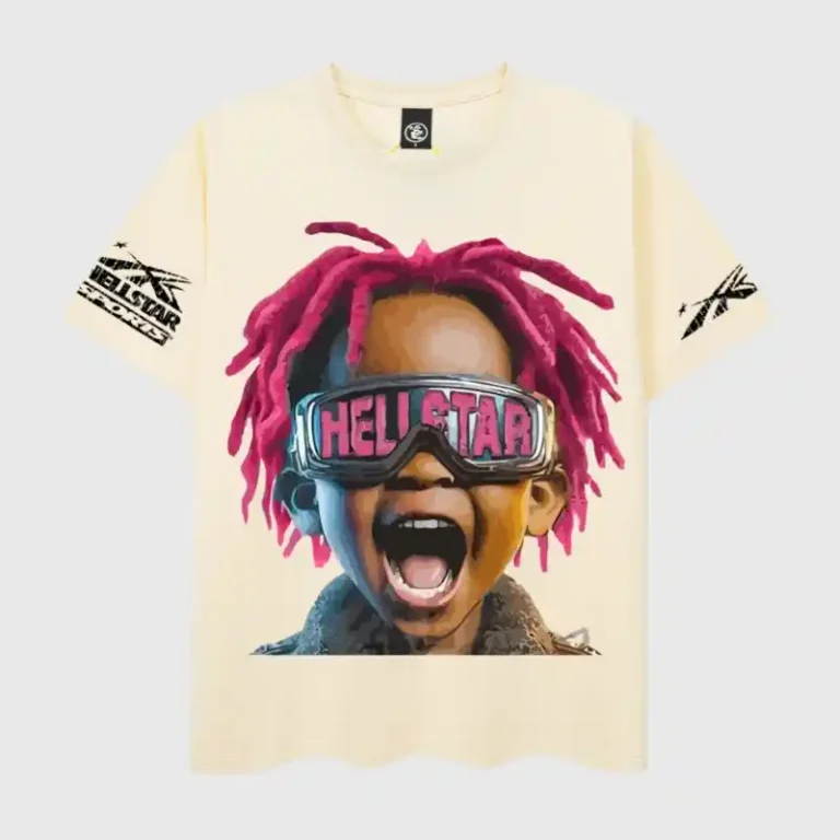 Hellstar INS Hip Hop Vintage T-Shirt in beige featuring a bold retro graphic of a child with pink hair and goggles.